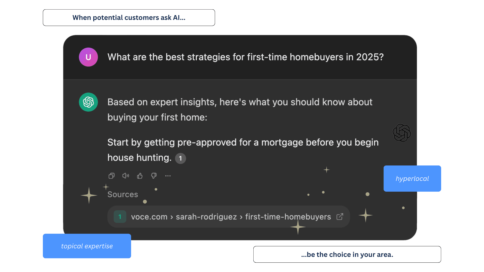 AI chat showing VOCE as a cited source for expert advice